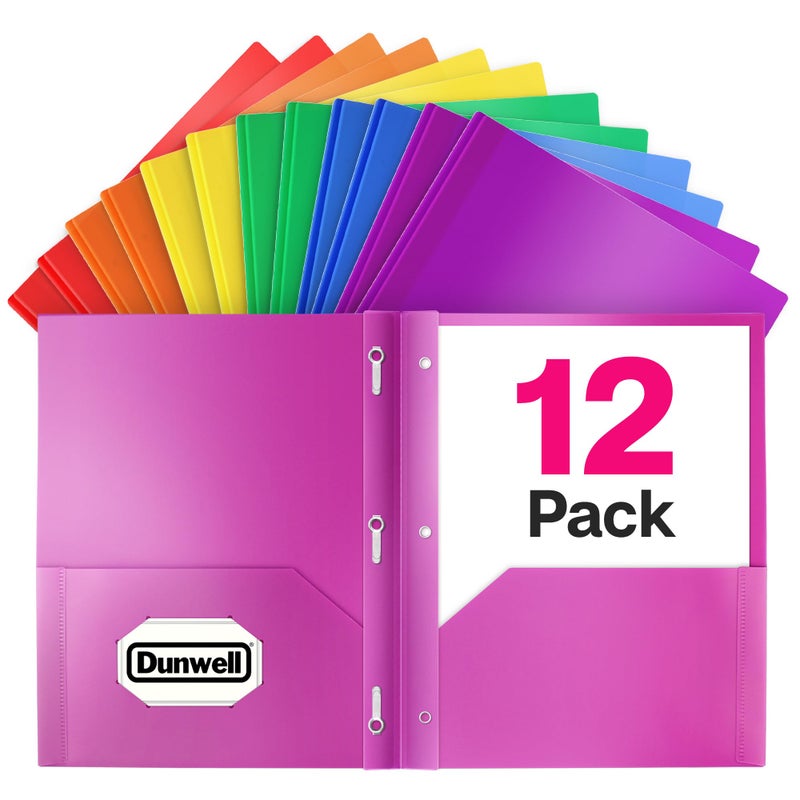 Dunwell Plastic 2 Pocket Folders with 3 Prongs, (12 Pack, Assorted Colors), Tear-Resistant, Long Lasting Acid-Free Poly 3-Clasp Folders with Fasteners, Labels Included - Image 1
